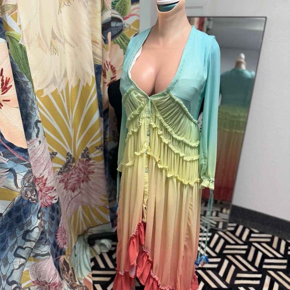 Teal Blue and Green yellow peach gradient dress Tassel Detail